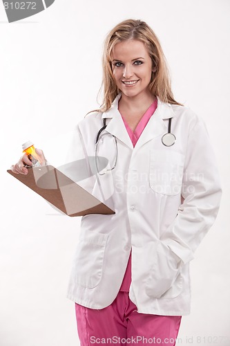 Image of Friendly attractive caucasian healthcare worker doctor nurse