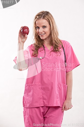 Image of Friendly attractive caucasian healthcare worker doctor nurse