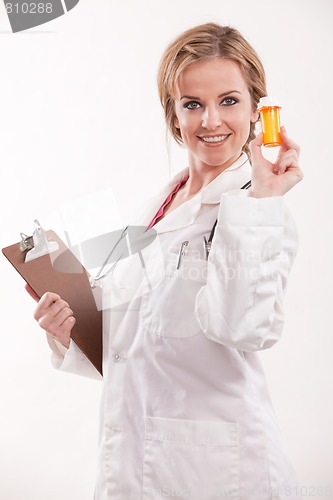 Image of Friendly attractive caucasian healthcare worker doctor nurse