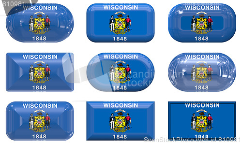 Image of nine glass buttons of the Flag of Wisconsin