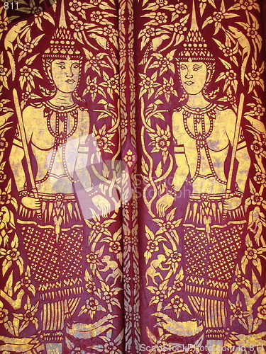 Image of Buddhist paintings on doors. Chiang Mai, Thailand