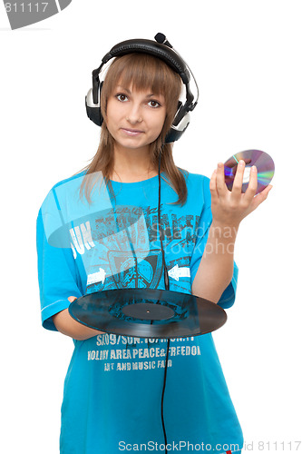 Image of Girl with vinyl disk and DVD