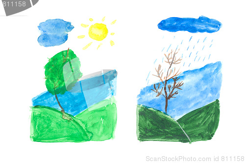 Image of Baby drawing, tree on sun
