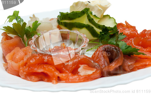 Image of Slices of the lox, red roe, cucumber