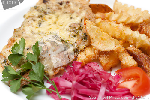 Image of Fried meat in melted cheese and potatoes