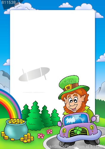 Image of Frame with leprechaun driving car