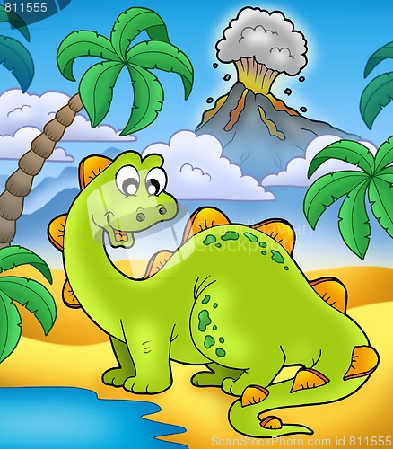 Image of Cute dinosaur with volcano