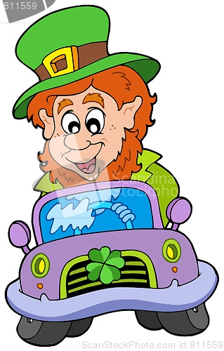 Image of Cartoon leprechaun driving car