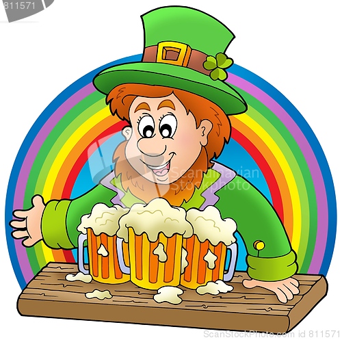 Image of Leprechaun with beers and rainbow