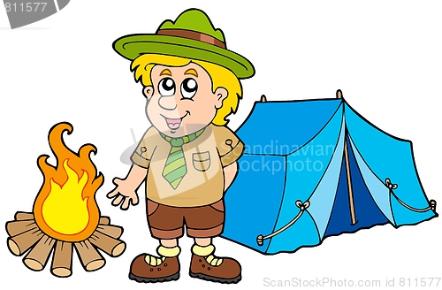 Image of Scout with tent and fire