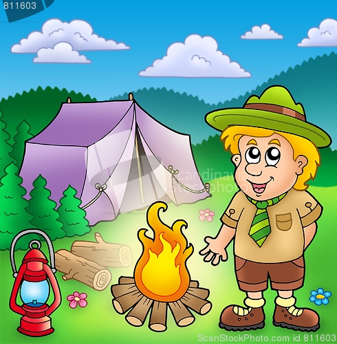 Image of Small scout with fire and tent