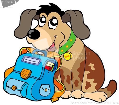 Image of Sitting dog with school bag