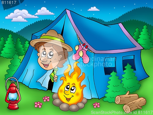 Image of Cartoon scout boy in tent