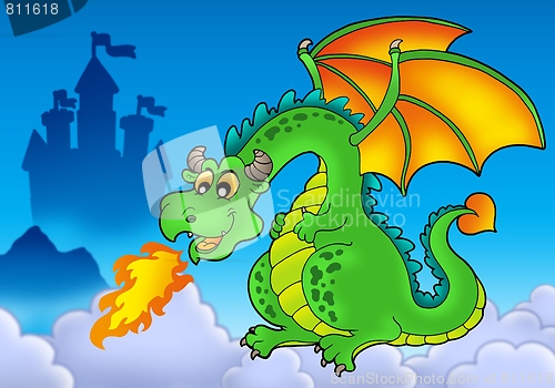 Image of Green fire dragon with castle