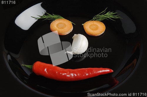 Image of Cheerful Smiling face from vegetables on a black plate 