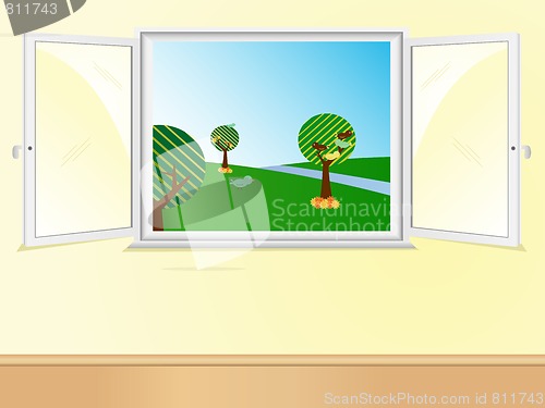 Image of Window open showing beautiful landscape.