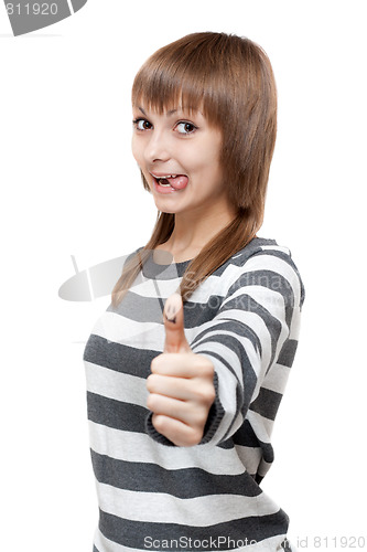 Image of Young beautiful girl shows OK and language
