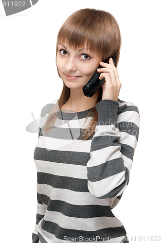 Image of Girl in striped cloth with telephone in hand