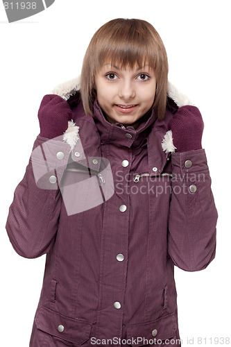 Image of Girl in winter violet hooded jacket