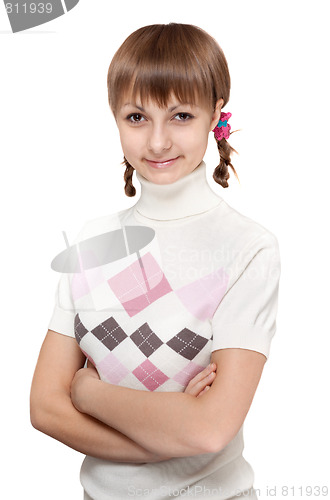 Image of Beautiful girl with pigtail and in sweater with pattern