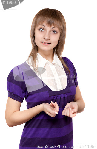 Image of Young beautiful girl in violet striped cloth