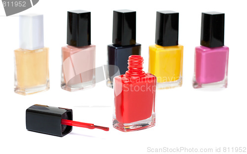 Image of Varicoloured varnish for nail, open red vial