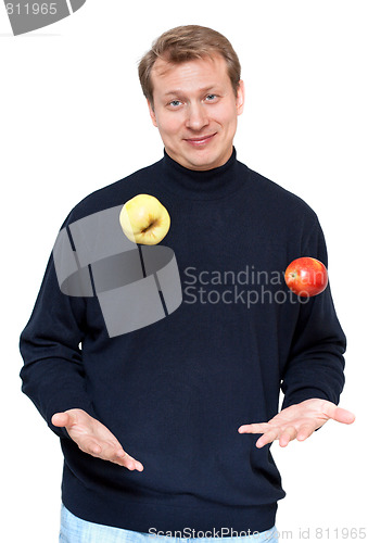 Image of Man in dark cloth juggle apple