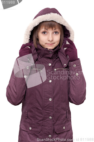 Image of Girl in winter violet hooded jacket