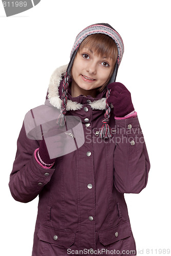 Image of Girl in winter violet hooded jacket with hat