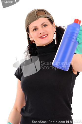 Image of woman with red and blue bottle