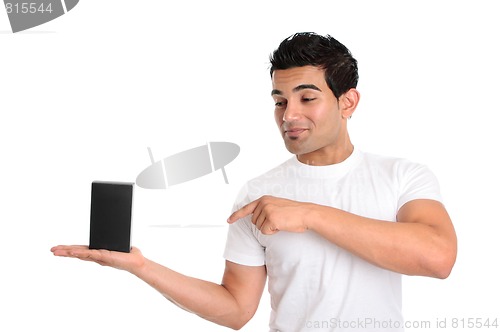 Image of Man looking and pointing to your retail product or other object