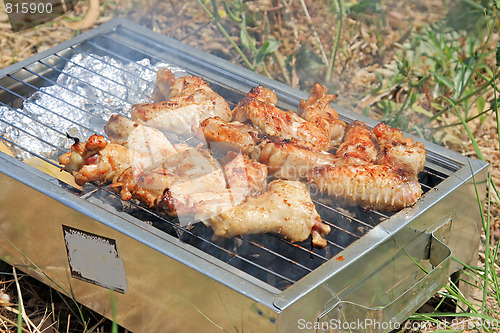 Image of BBQ. Close up photo of cooking meet on the open fire