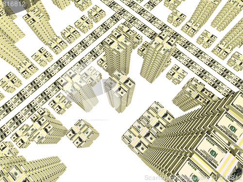 Image of stack of bills placed as streets and building of city isolated