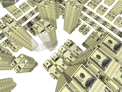 Image of stack of bills placed as streets and building of city isolated