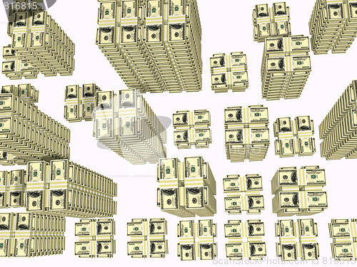 Image of stack of bills placed as streets and building of city isolated