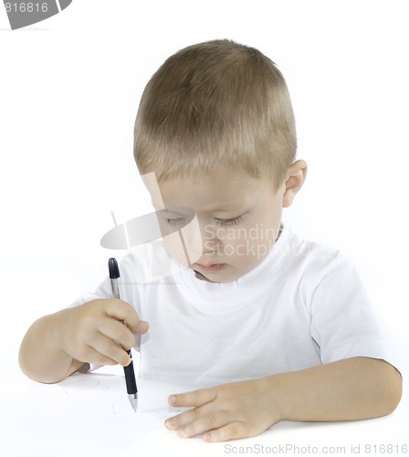 Image of small boy is drawing isolated on white