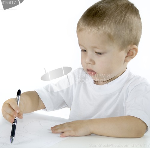 Image of small boy is drawing isolated on white