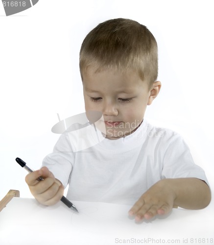 Image of small boy is drawing isolated on white