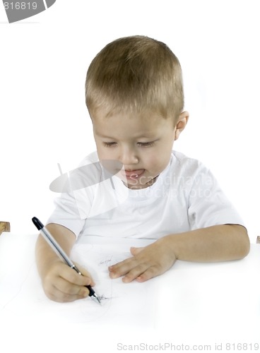 Image of small boy is drawing isolated on white