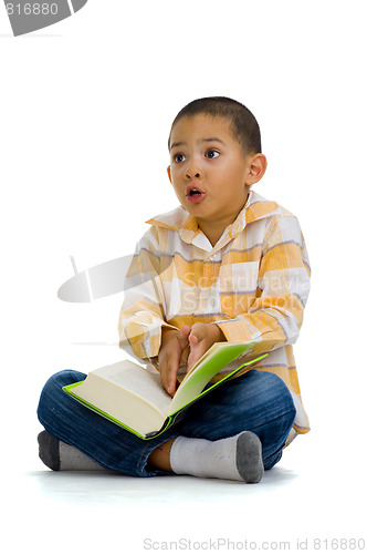 Image of cute boy arguing over a book