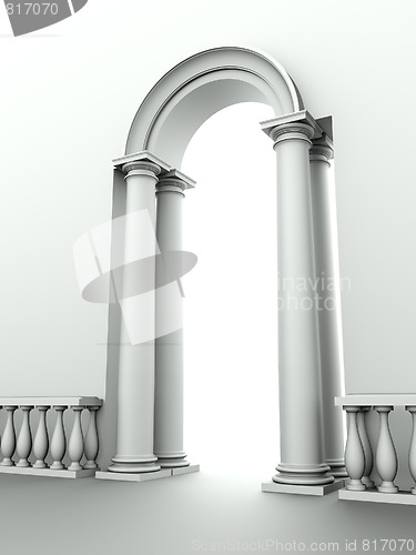 Image of classical entrance with arc, columns and balustrade