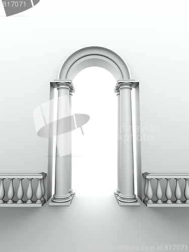 Image of classical entrance with arc, columns and balustrade