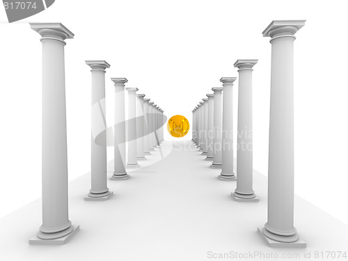 Image of image of classic columns with mirror yellow sphere