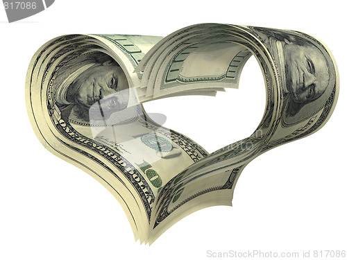 Image of valentine heart shape made by dollars isolated