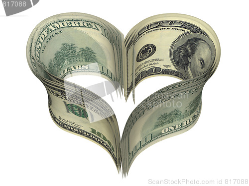 Image of valentine heart shape made by dollars isolated