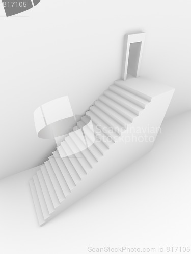 Image of Monochromic 3d rendered image of stair to opened door