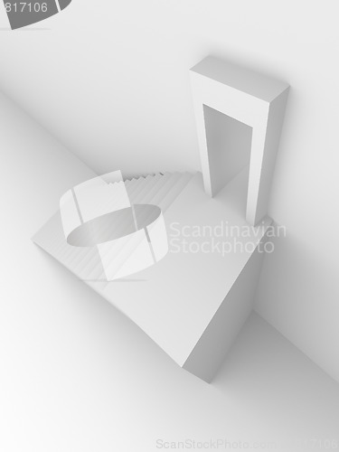 Image of Monochromic 3d rendered image of stair to opened door