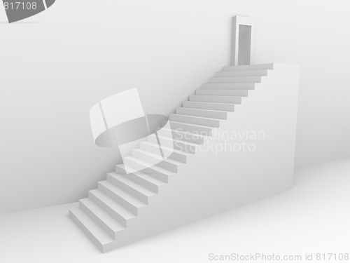 Image of Monochromic 3d rendered image of stair to opened door