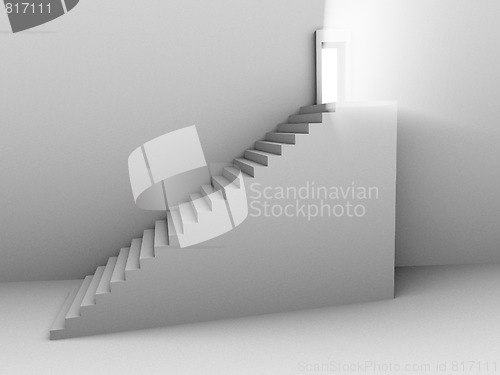 Image of Monochromic 3d rendered image of stair to opened door with light