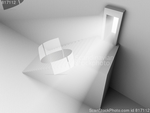 Image of Monochromic 3d rendered image of stair to opened door with light